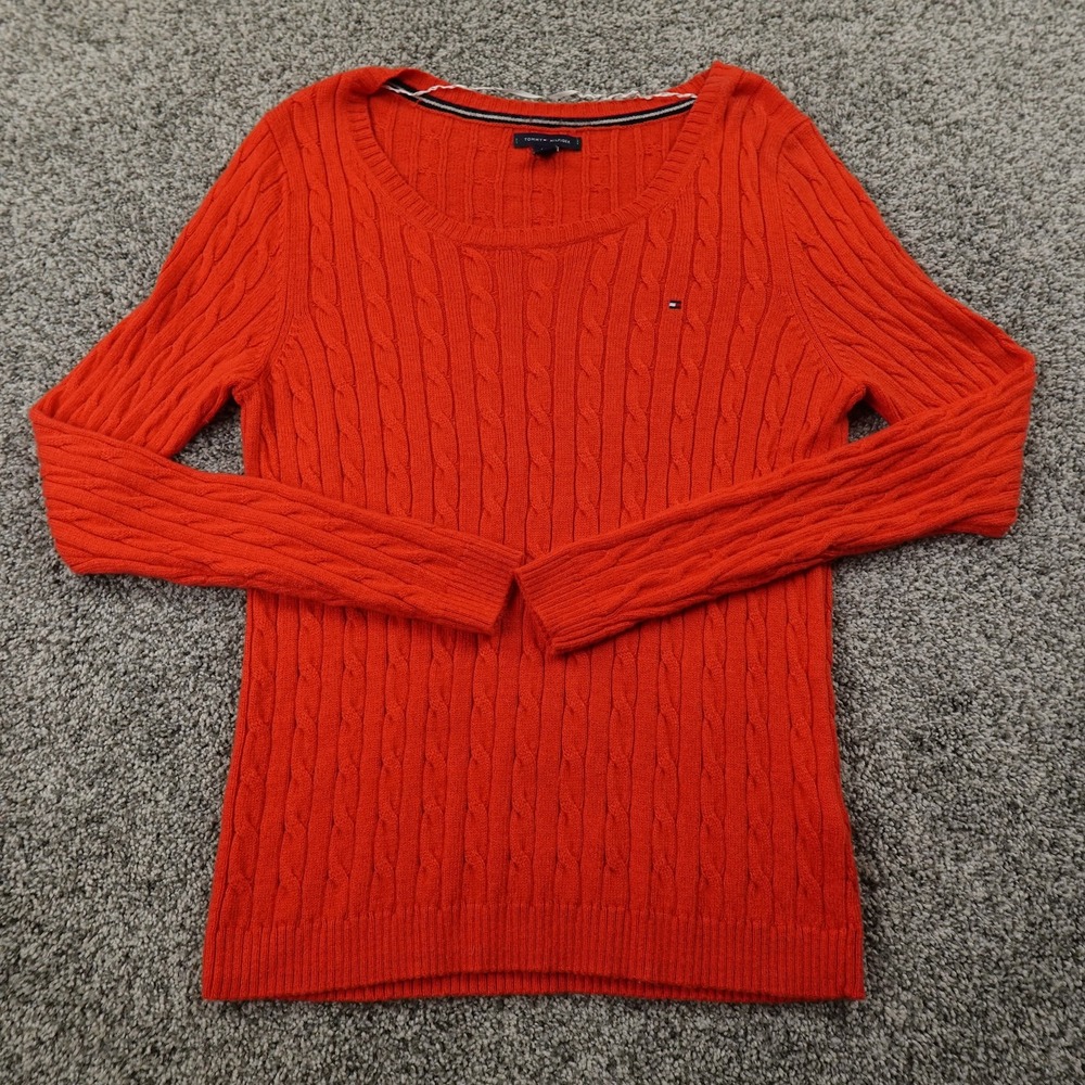 Tommy Hilfiger Sweater Womens L Orange Wool Alpaca Aran Knit Pullover Fisherman